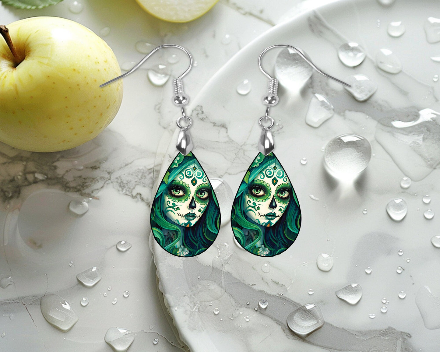 New Release Green Sugar Skull Woman Print Tear Drop Wood Dangle Earrings Hypoallergenic Jewelry