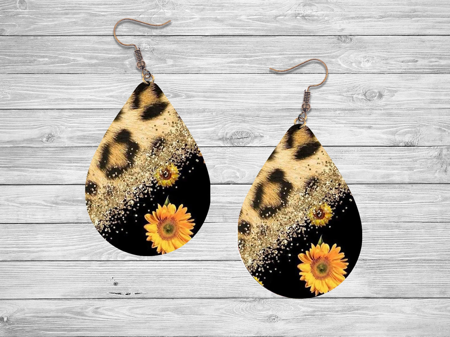 New Release Leopard Print and Sunflower Print Tear Drop Wood Dangle Earrings Hypoallergenic Jewelry