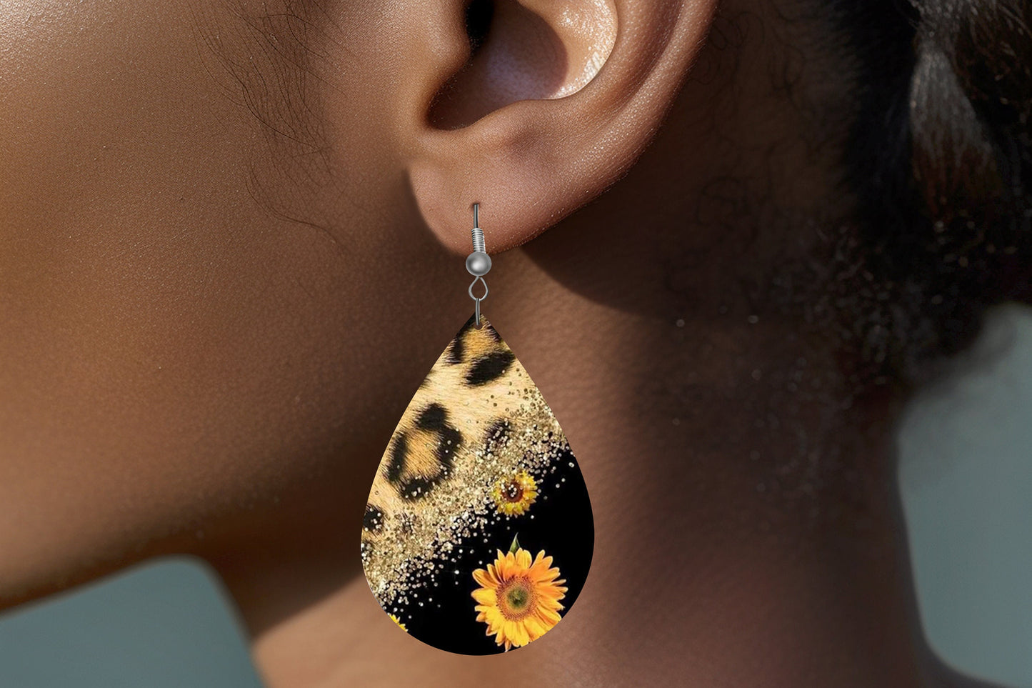 New Release Leopard Print and Sunflower Print Tear Drop Wood Dangle Earrings Hypoallergenic Jewelry