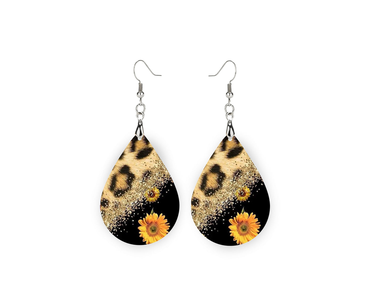 New Release Leopard Print and Sunflower Print Tear Drop Wood Dangle Earrings Hypoallergenic Jewelry