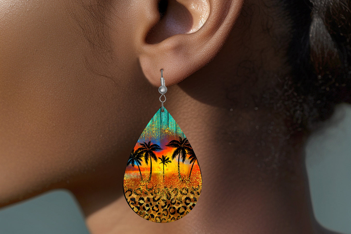 New Release Leopard Print and Palm Trees Print Tear Drop Wood Dangle Earrings Hypoallergenic Jewelry