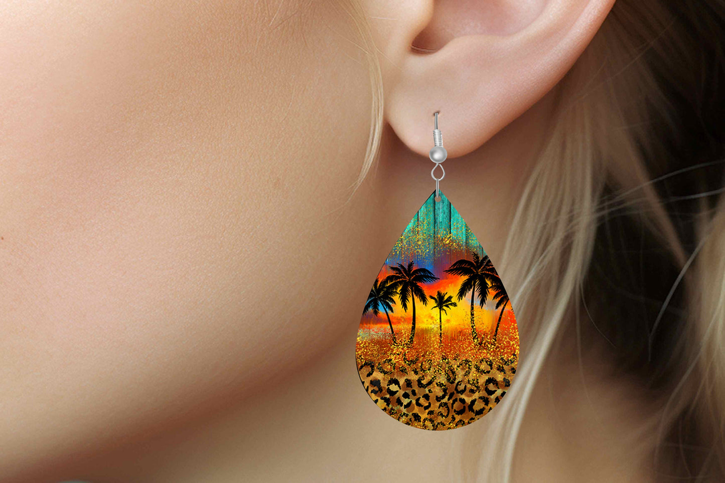 New Release Leopard Print and Palm Trees Print Tear Drop Wood Dangle Earrings Hypoallergenic Jewelry