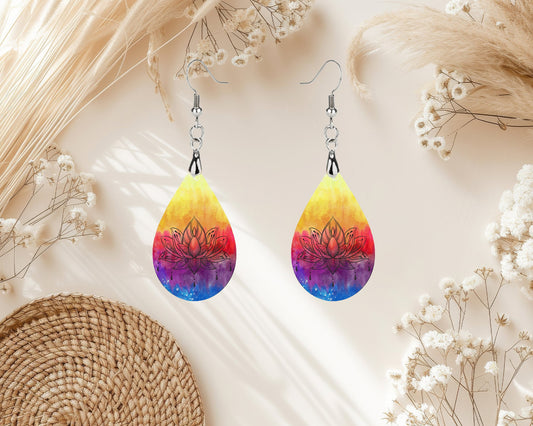 New Release Lotus Flower Print Tear Drop Wood Dangle Earrings Hypoallergenic Jewelry