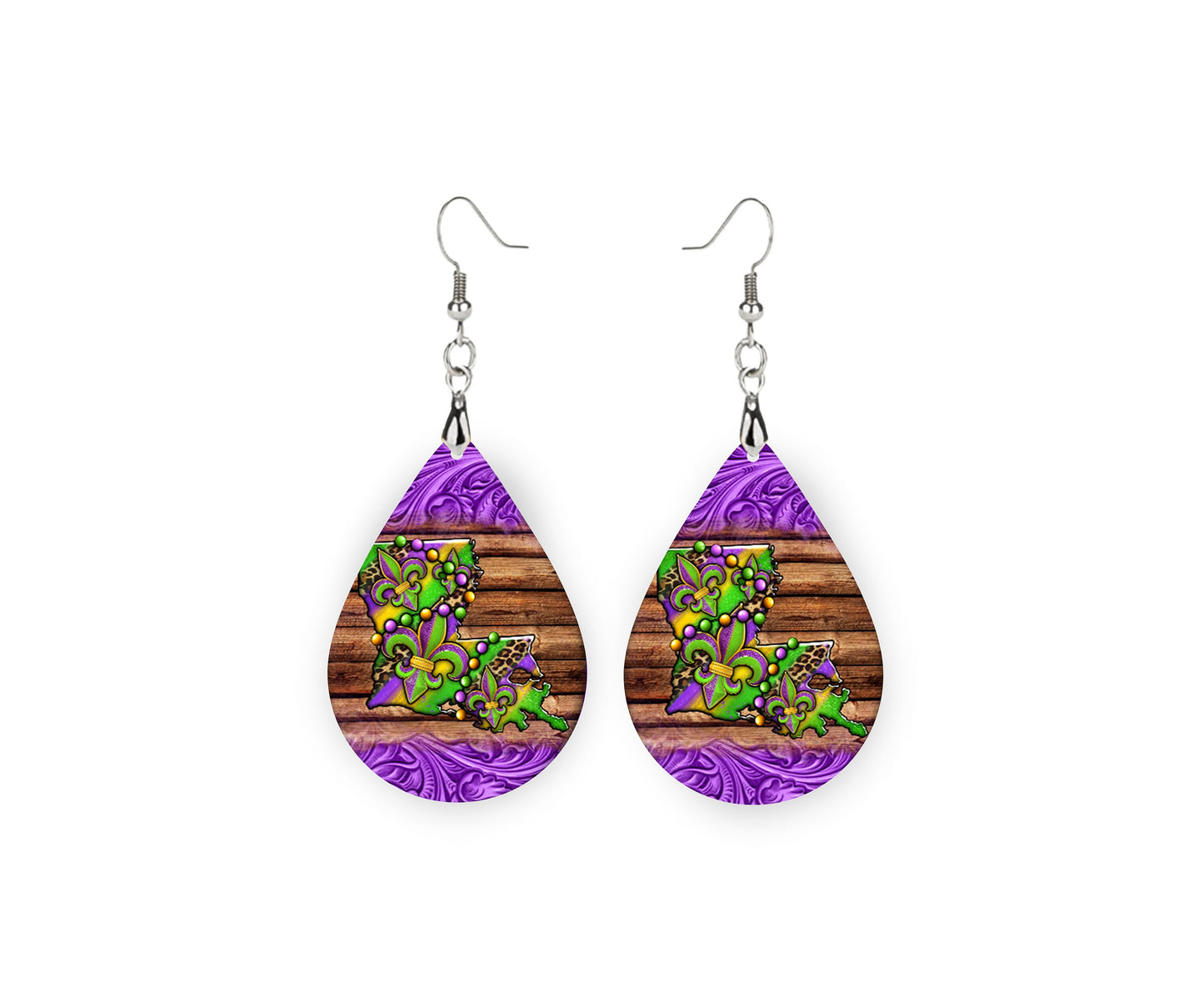 New Release Mardi Gras Louisiana Print Tear Drop Wood Dangle Earrings Hypoallergenic Jewelry