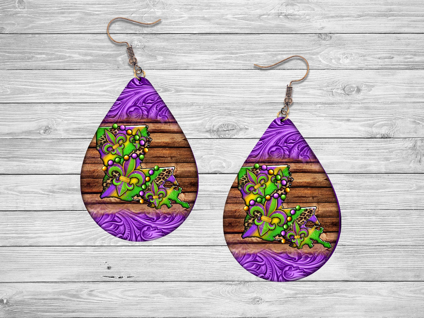 New Release Mardi Gras Louisiana Print Tear Drop Wood Dangle Earrings Hypoallergenic Jewelry