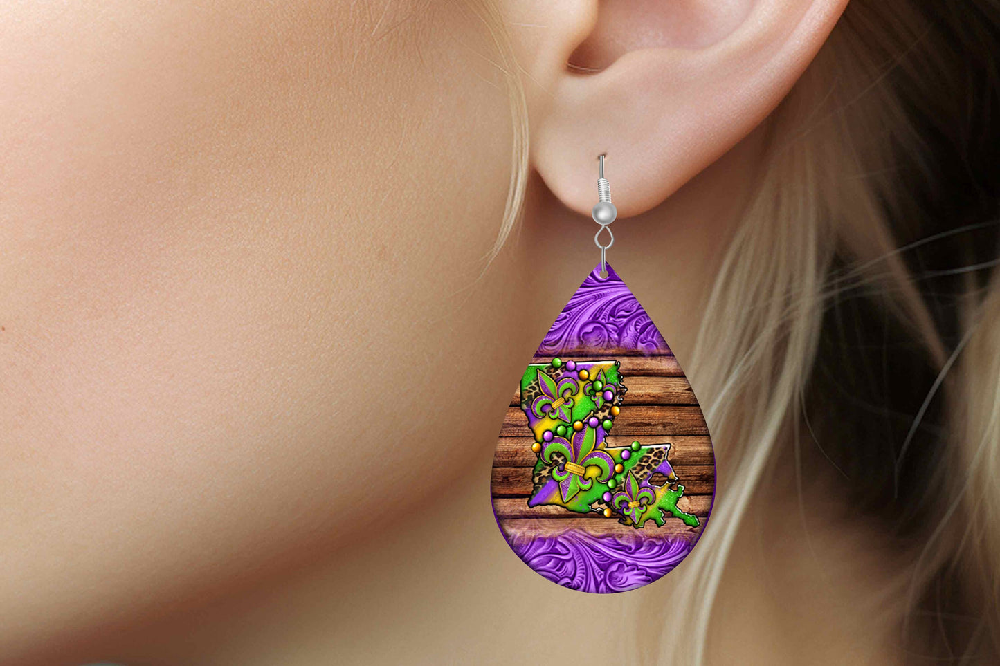 New Release Mardi Gras Louisiana Print Tear Drop Wood Dangle Earrings Hypoallergenic Jewelry