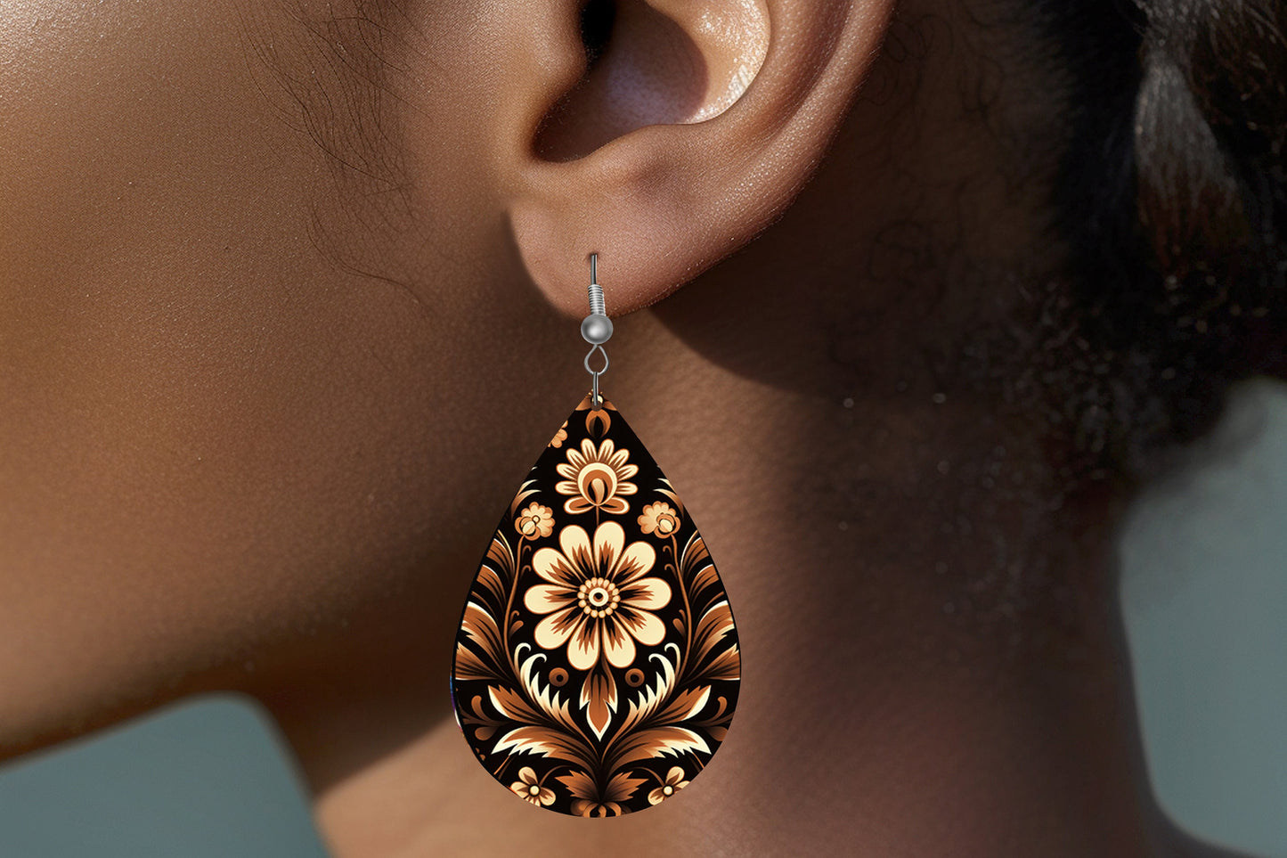 New Release Maygar Floral Print Tear Drop Wood Dangle Earrings Hypoallergenic Jewelry