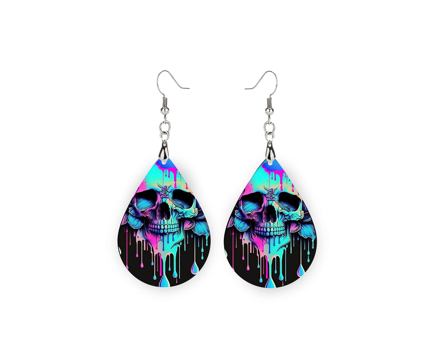 New Release Melting Skulls Print Tear Drop Wood Dangle Earrings Hypoallergenic Jewelry