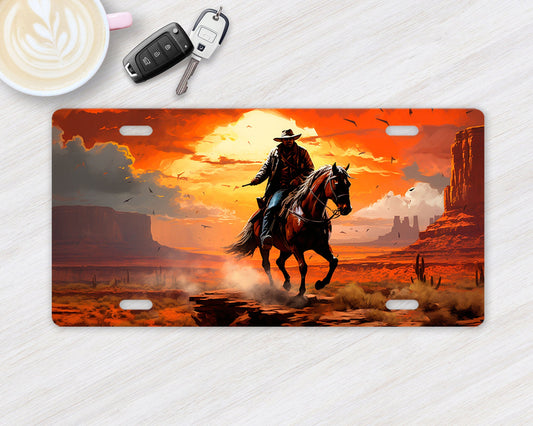 Vanity Front License Plate, Sunset Cowboy Aluminum Vanity License Plate Car Accessory Decorative Front Plate