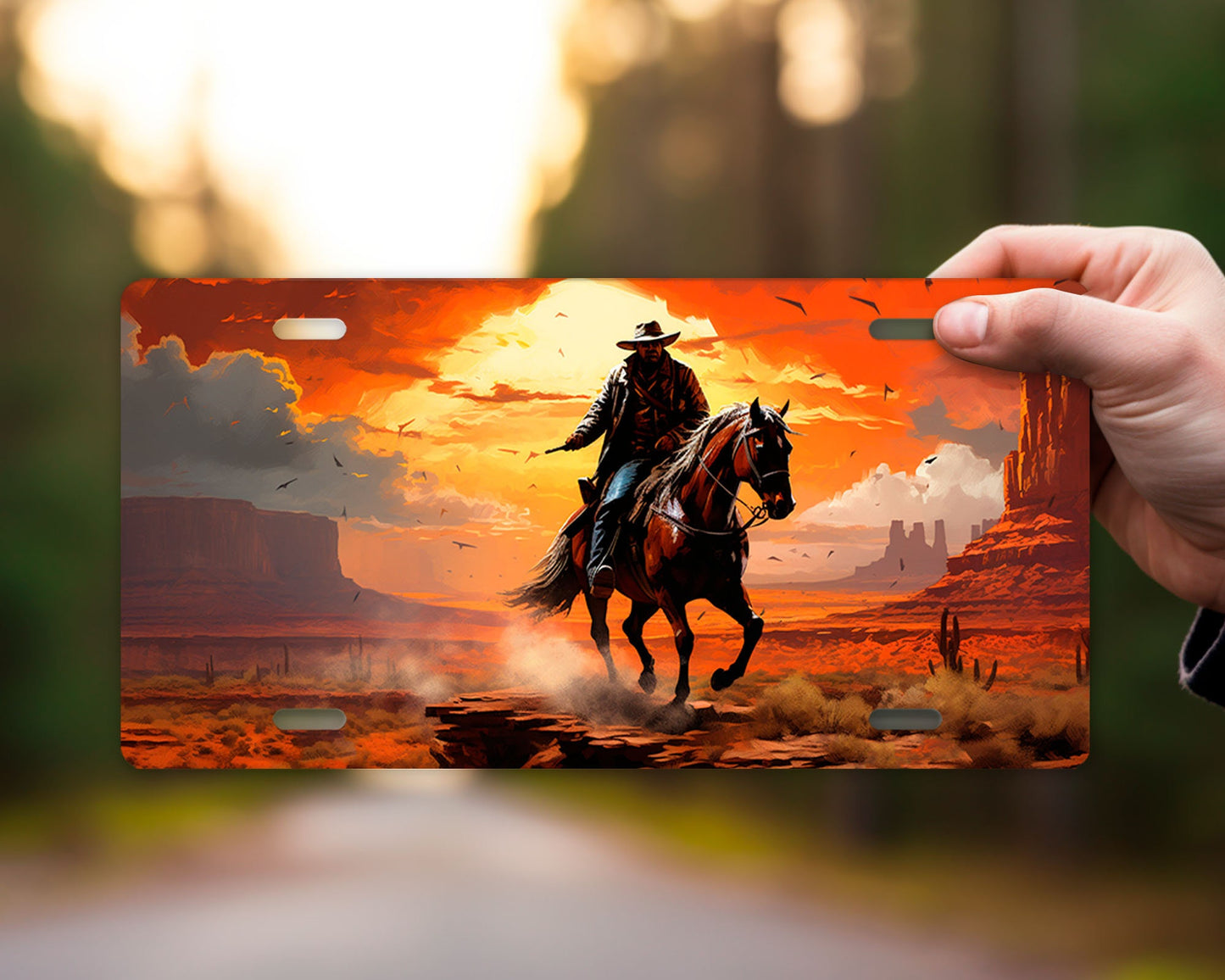 Vanity Front License Plate, Sunset Cowboy Aluminum Vanity License Plate Car Accessory Decorative Front Plate