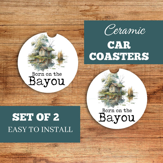 Set of 2 Born on the Bayou Sandstone Car Coasters, Car Accessory