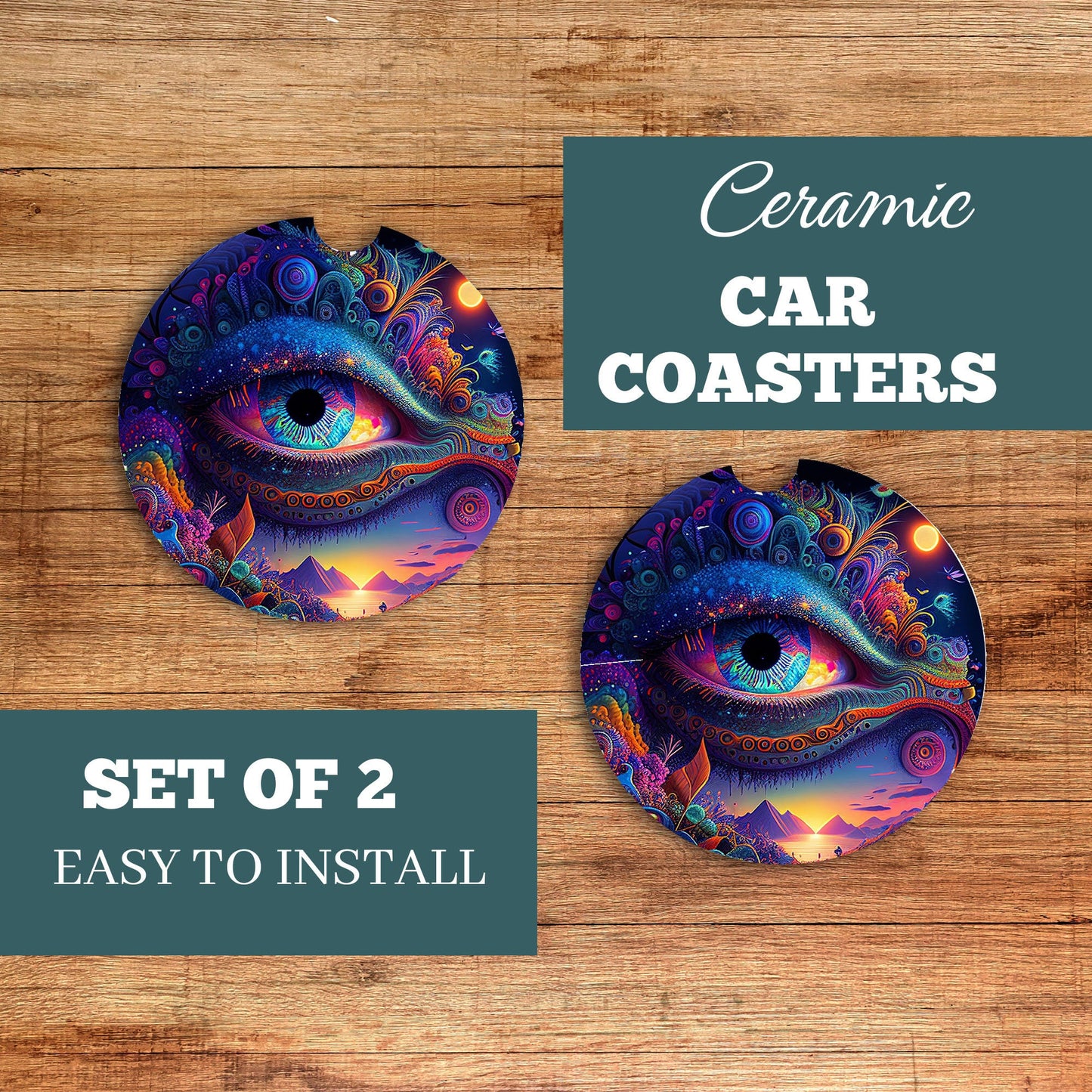 Set of 2 Psychedelic Eye Sandstone Car Coasters, Car Accessory