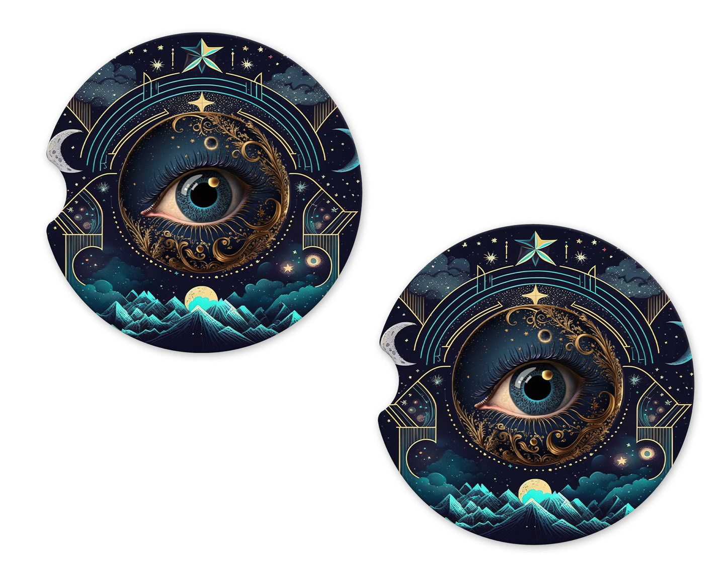 Set of 2 Celestial Evil Eye Sandstone Car Coasters, Car Accessory