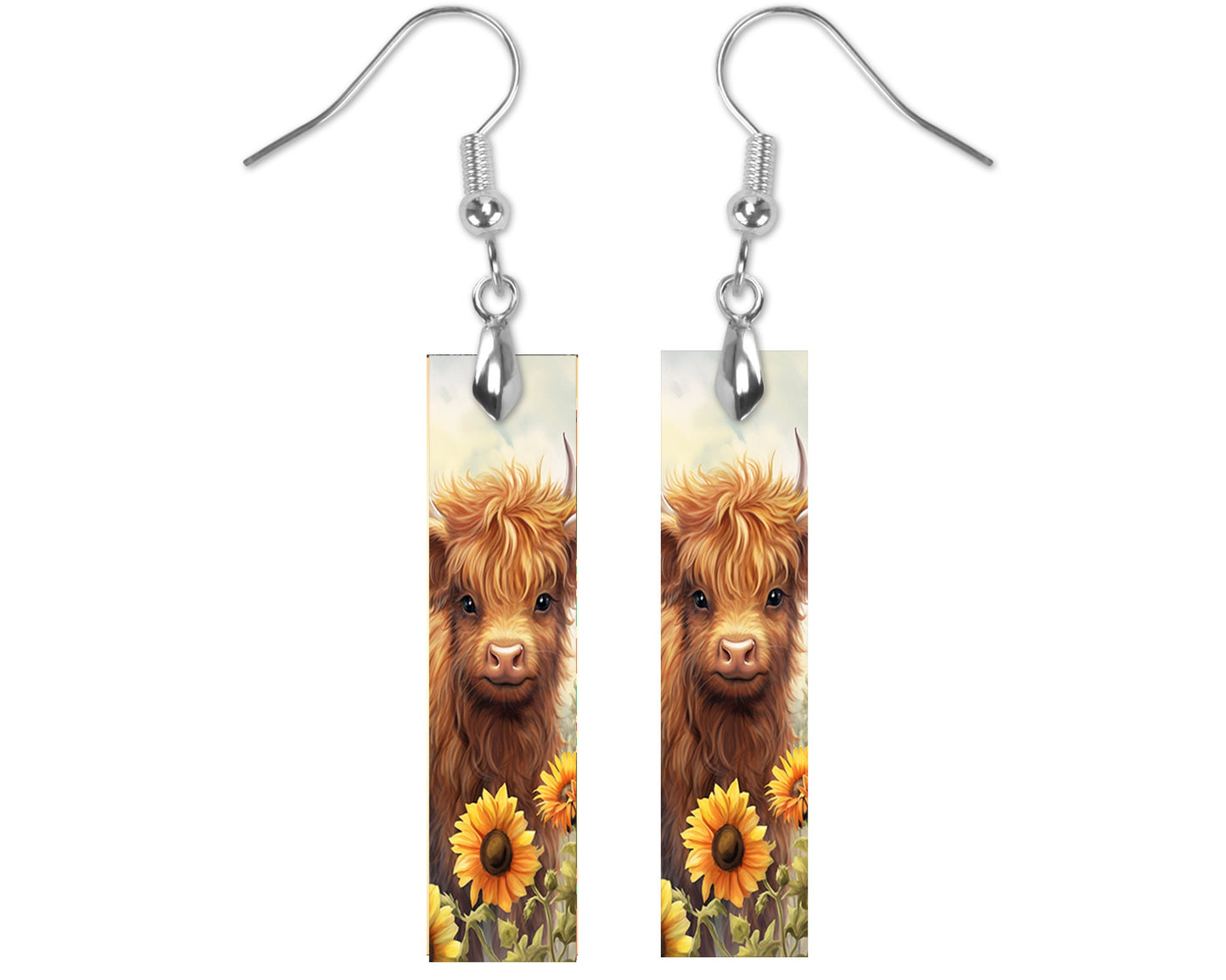 Highland Cow and Sunflowers Earrings, Bar Dangle Printed Earrings Jewelry Handmade