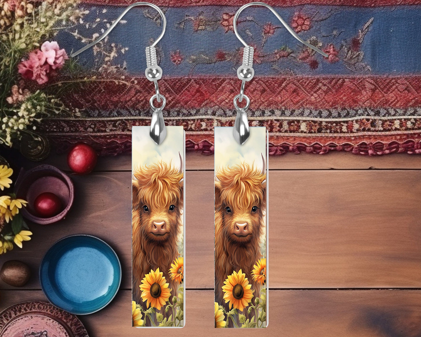 Highland Cow and Sunflowers Earrings, Bar Dangle Printed Earrings Jewelry Handmade