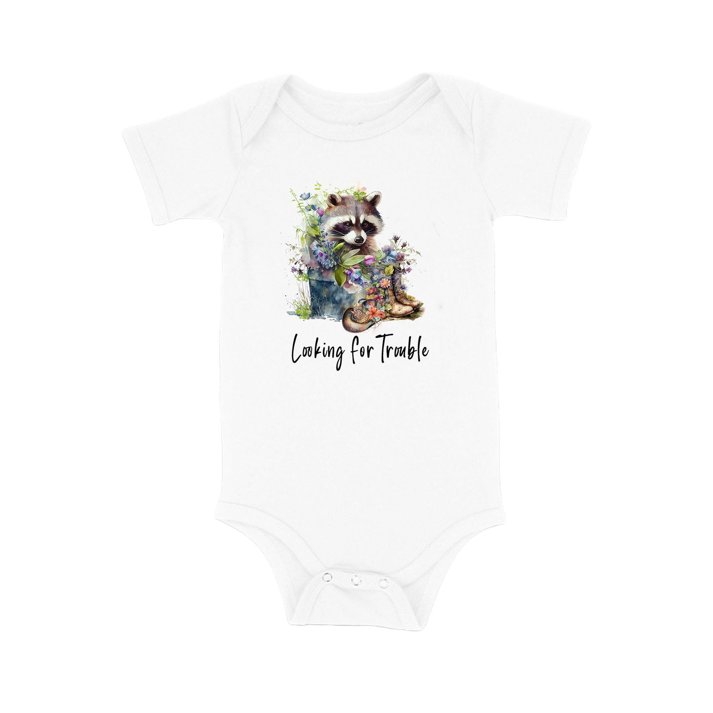 Baby Bodysuit, Raccoon Looking for Trouble One Piece Baby Suit, Baby Gift, Long / Short Sleeve, 0-18 Months size