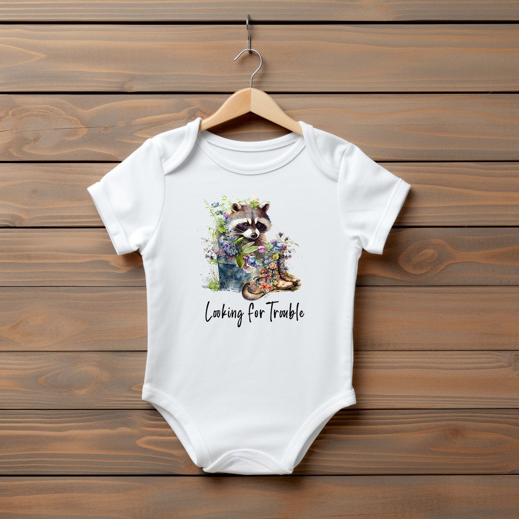 Baby Bodysuit, Raccoon Looking for Trouble One Piece Baby Suit, Baby Gift, Long / Short Sleeve, 0-18 Months size