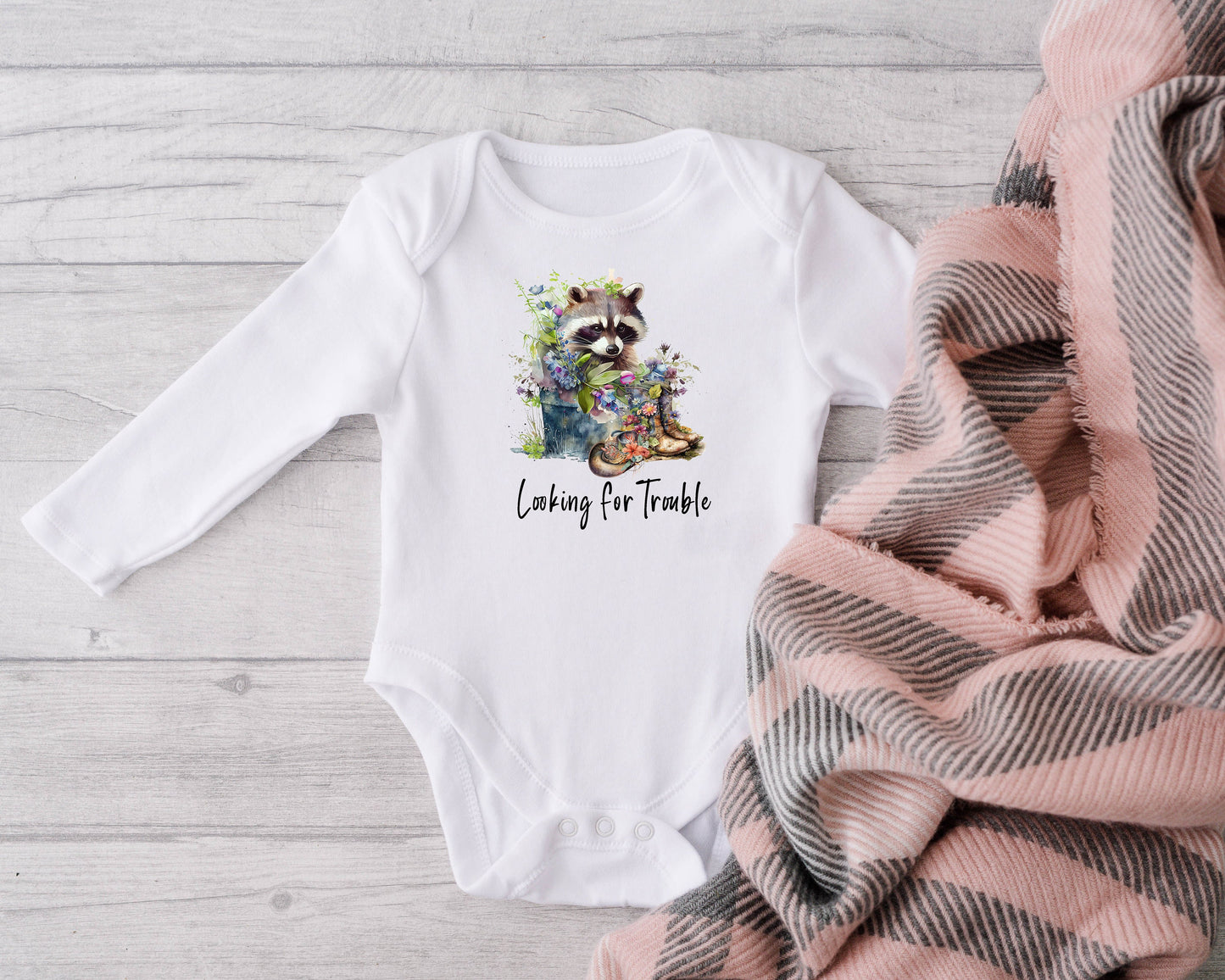 Baby Bodysuit, Raccoon Looking for Trouble One Piece Baby Suit, Baby Gift, Long / Short Sleeve, 0-18 Months size