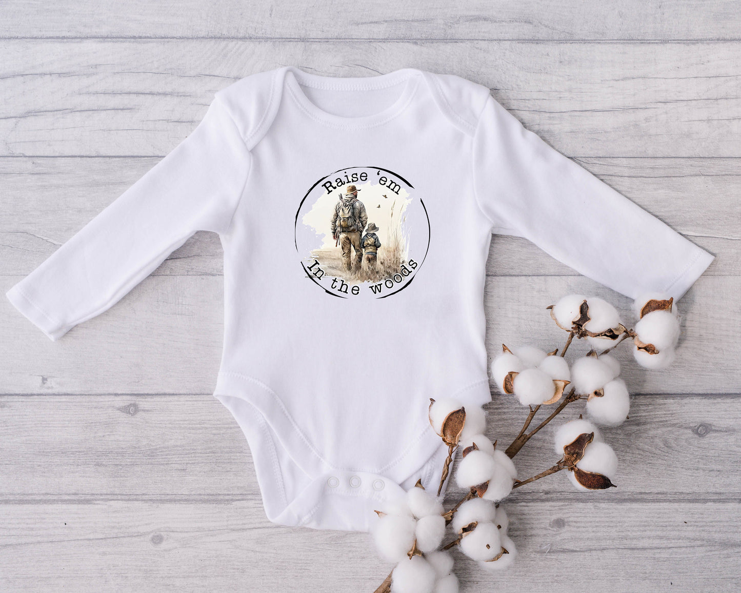 Baby Bodysuit, Raise 'Em in the Woods One Piece Baby Suit, Baby Gift, Long / Short Sleeve, 0-18 Months size