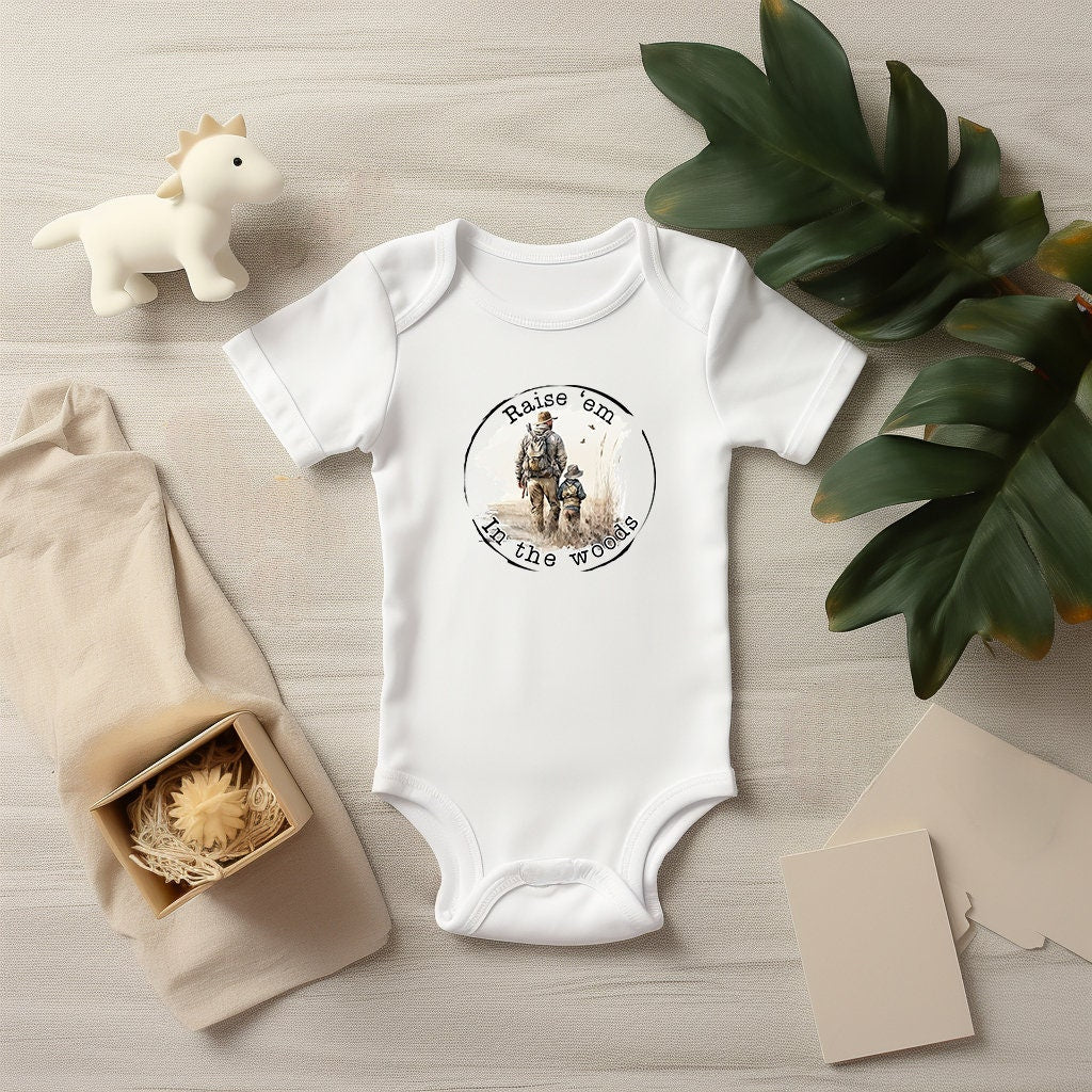 Baby Bodysuit, Raise 'Em in the Woods One Piece Baby Suit, Baby Gift, Long / Short Sleeve, 0-18 Months size