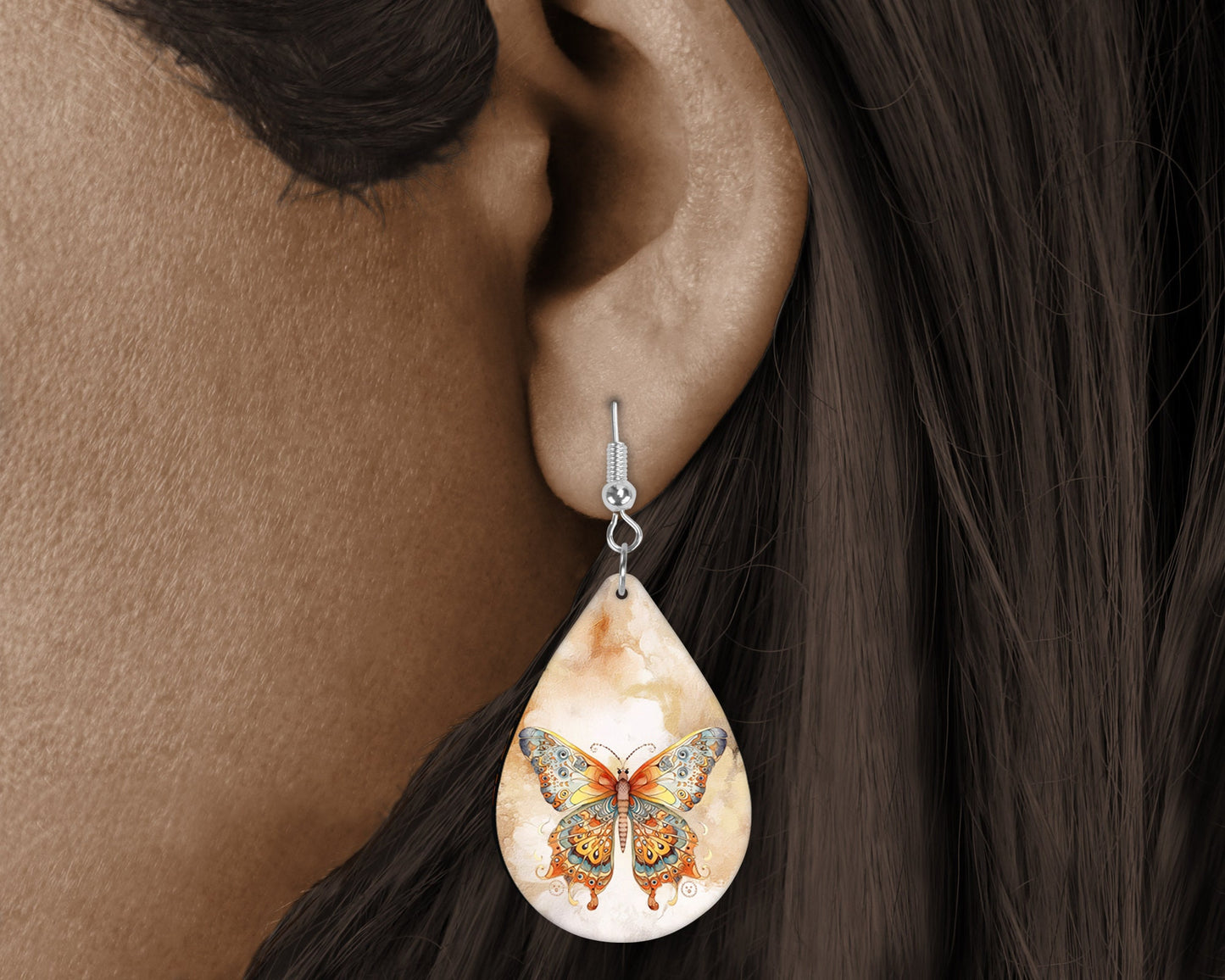 Beautiful Butterfly Earrings Print Tear Drop Wood Dangle Earrings Hypoallergenic Jewelry