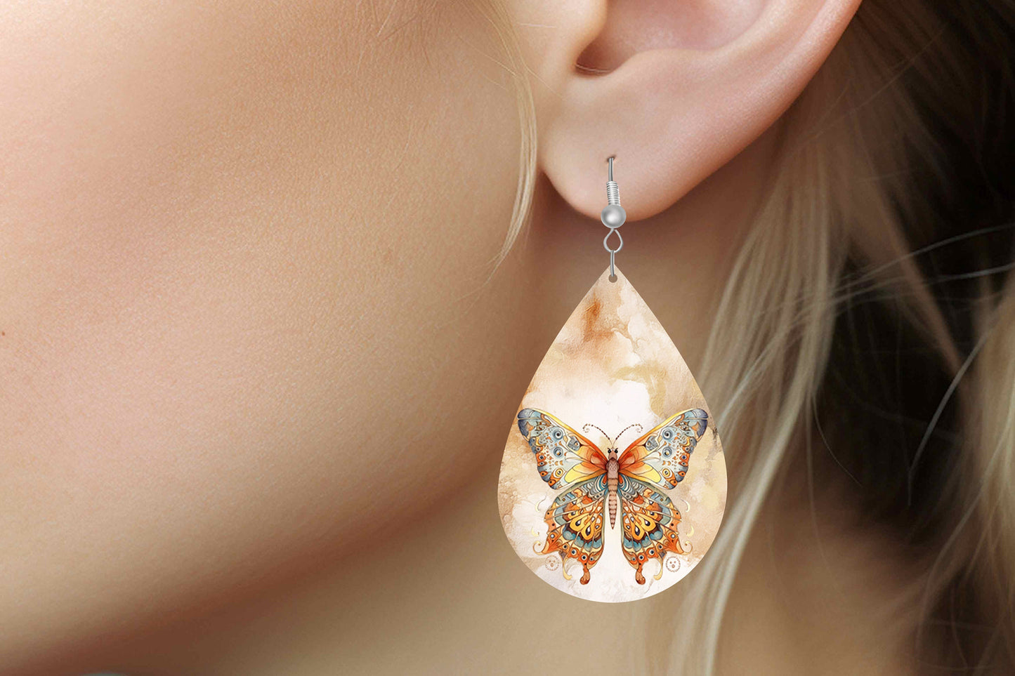 Beautiful Butterfly Earrings Print Tear Drop Wood Dangle Earrings Hypoallergenic Jewelry