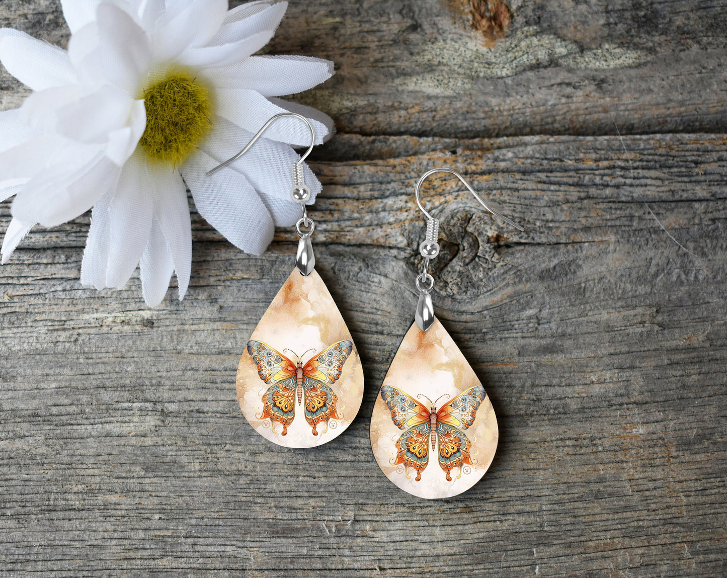 Beautiful Butterfly Earrings Print Tear Drop Wood Dangle Earrings Hypoallergenic Jewelry