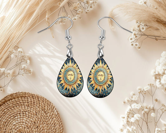 Beautiful Sun Earrings Print Tear Drop Wood Dangle Earrings Hypoallergenic Jewelry