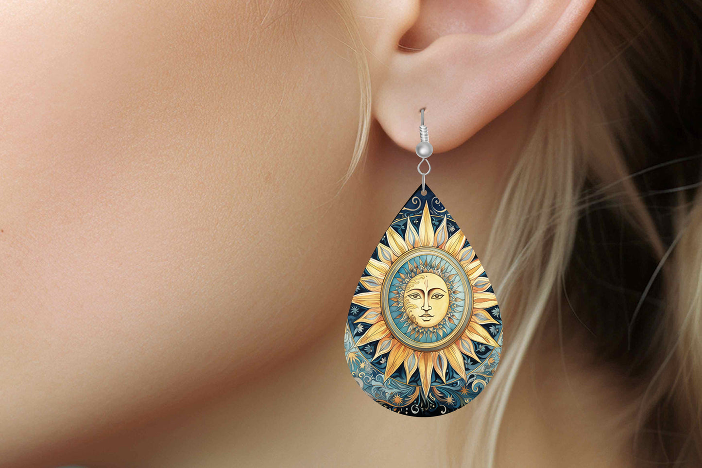 Beautiful Sun Earrings Print Tear Drop Wood Dangle Earrings Hypoallergenic Jewelry