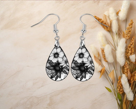 Black and White Floral Earrings Print Tear Drop Wood Dangle Earrings Hypoallergenic Jewelry