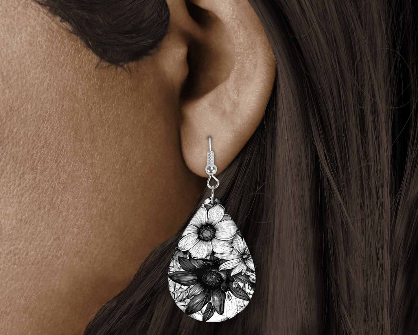 Black and White Floral Earrings Print Tear Drop Wood Dangle Earrings Hypoallergenic Jewelry