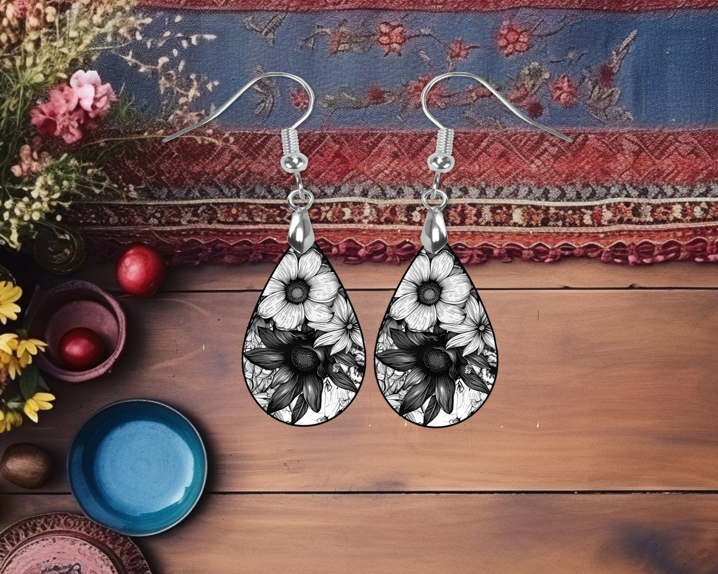 Black and White Floral Earrings Print Tear Drop Wood Dangle Earrings Hypoallergenic Jewelry