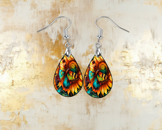 Bold Sunflowers Earrings Print Tear Drop Wood Dangle Earrings Hypoallergenic Jewelry