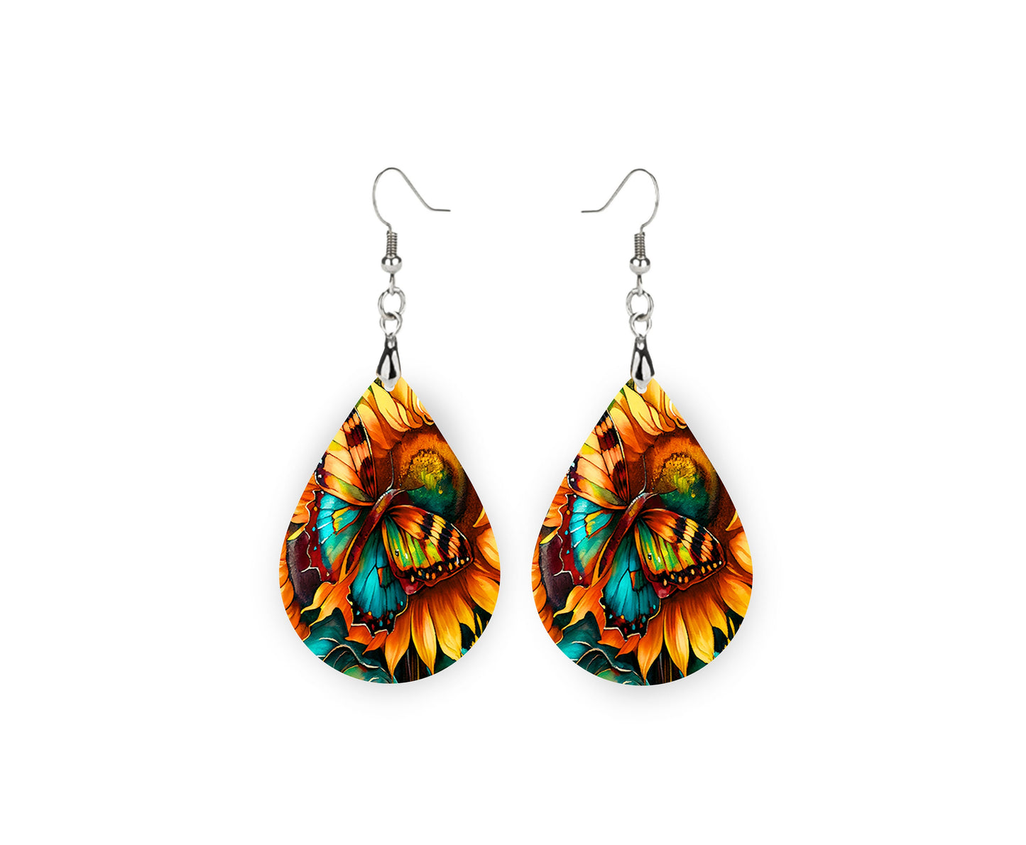 Bold Sunflowers Earrings Print Tear Drop Wood Dangle Earrings Hypoallergenic Jewelry