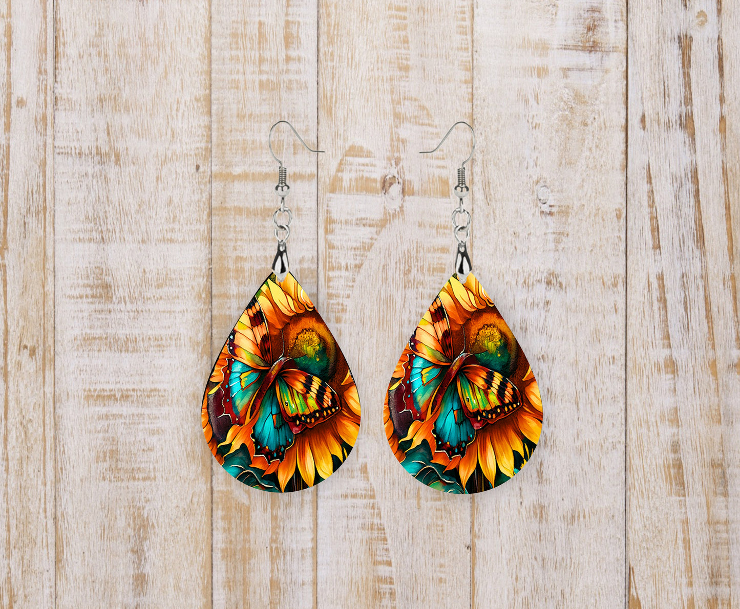 Bold Sunflowers Earrings Print Tear Drop Wood Dangle Earrings Hypoallergenic Jewelry