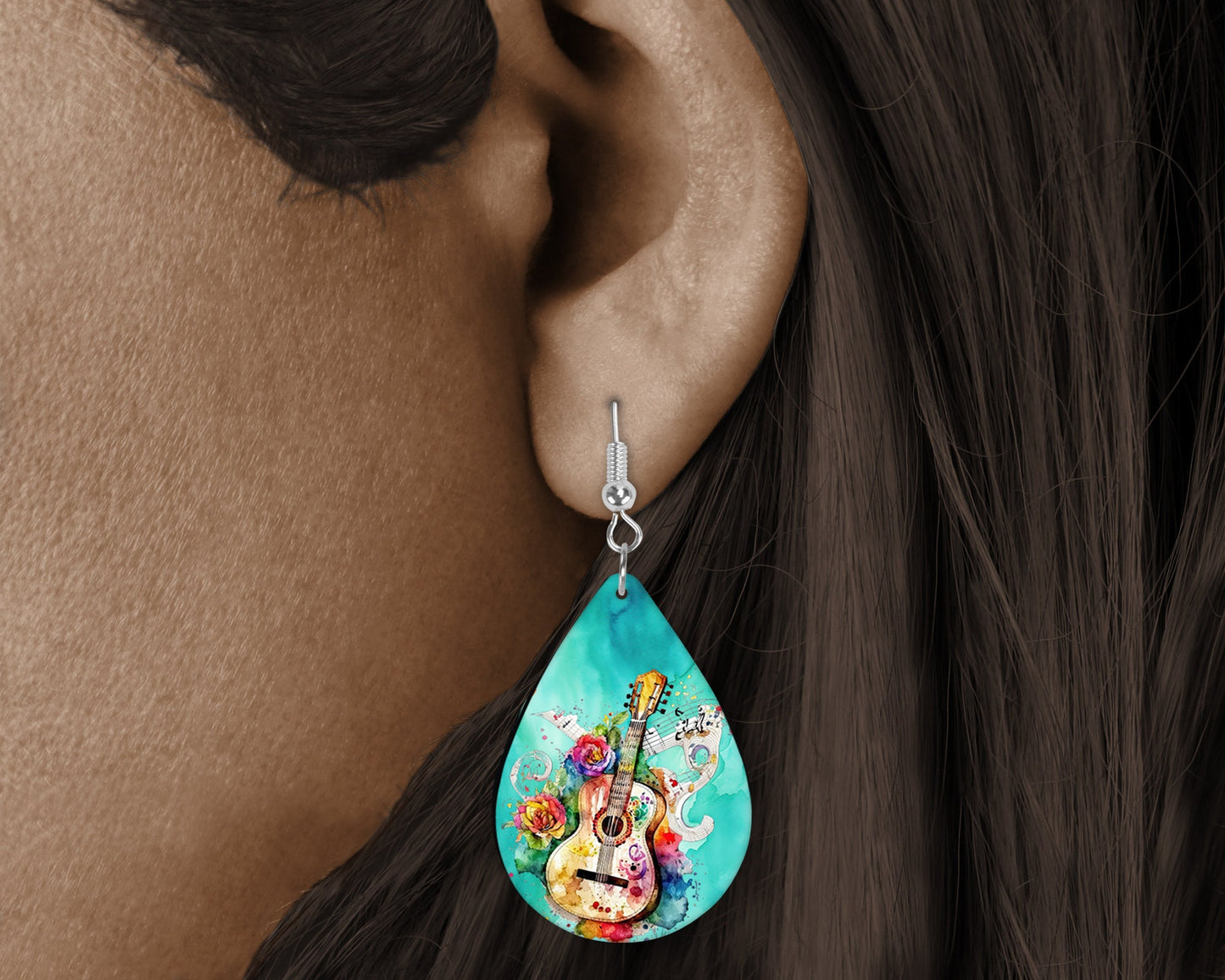 Colorwash Guitar Earrings Print Tear Drop Wood Dangle Earrings Hypoallergenic Jewelry