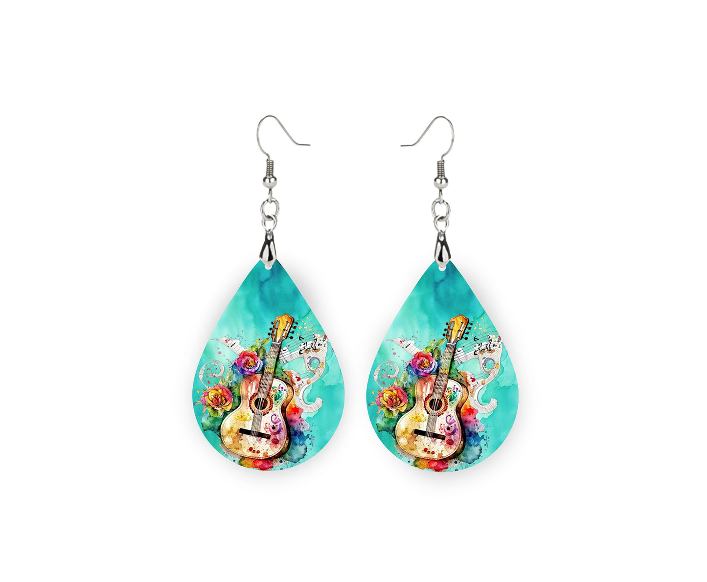 Colorwash Guitar Earrings Print Tear Drop Wood Dangle Earrings Hypoallergenic Jewelry