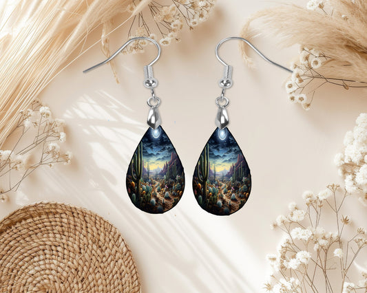 Moonlit Desert Earrings Print Tear Drop Wood Dangle Earrings Hypoallergenic Jewelry