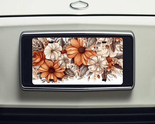 New Release, Brown and Cream Floral Aluminum Front License Plate, Vanity Plate, Car Accessory