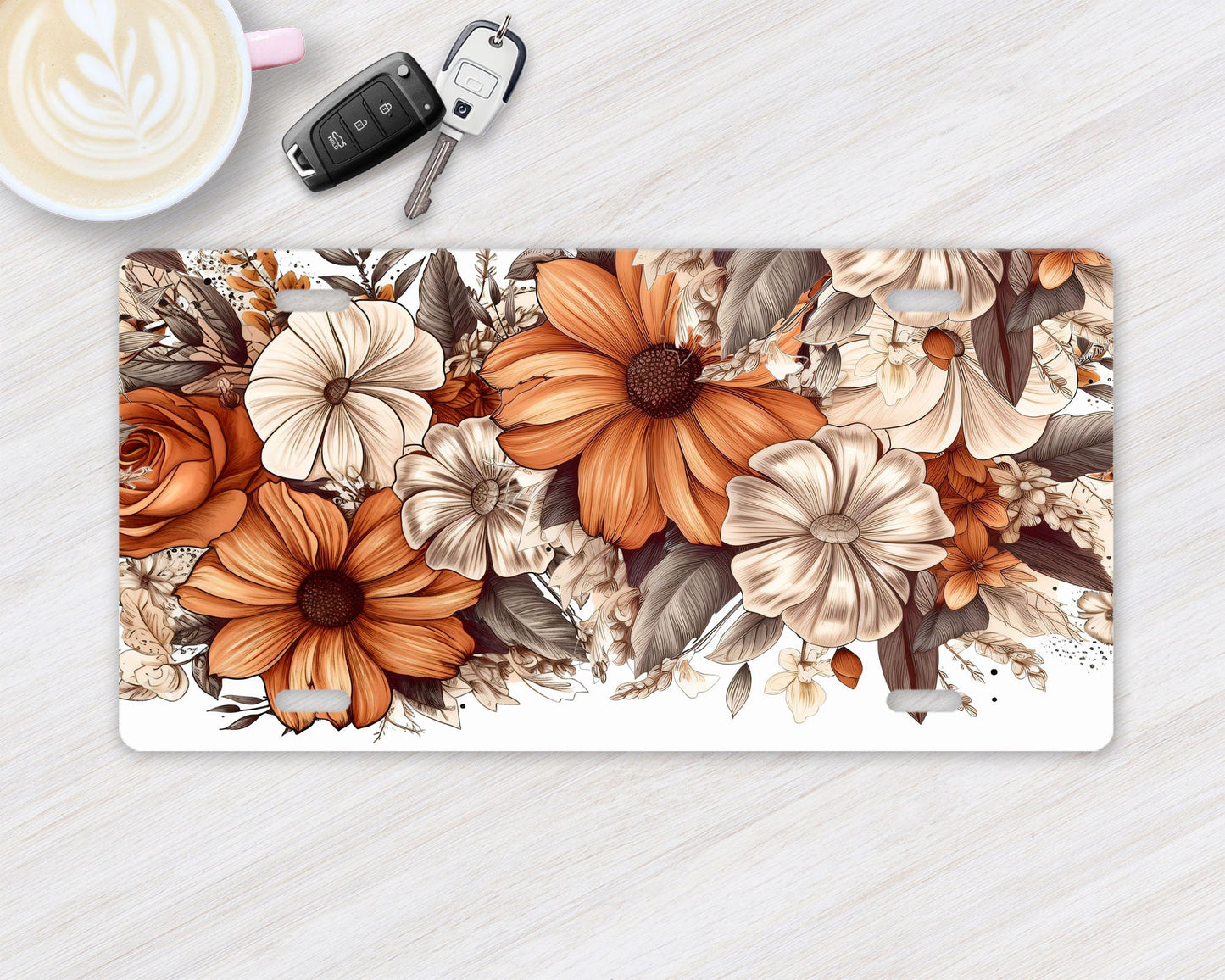 New Release, Brown and Cream Floral Aluminum Front License Plate, Vanity Plate, Car Accessory