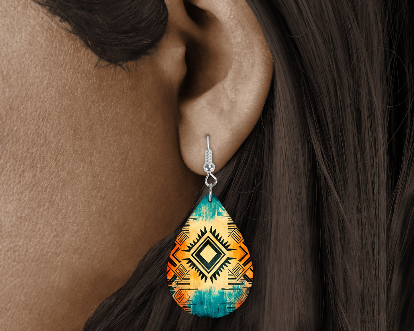 Tribal Pattern Earrings Print Tear Drop Wood Dangle Earrings Hypoallergenic Jewelry