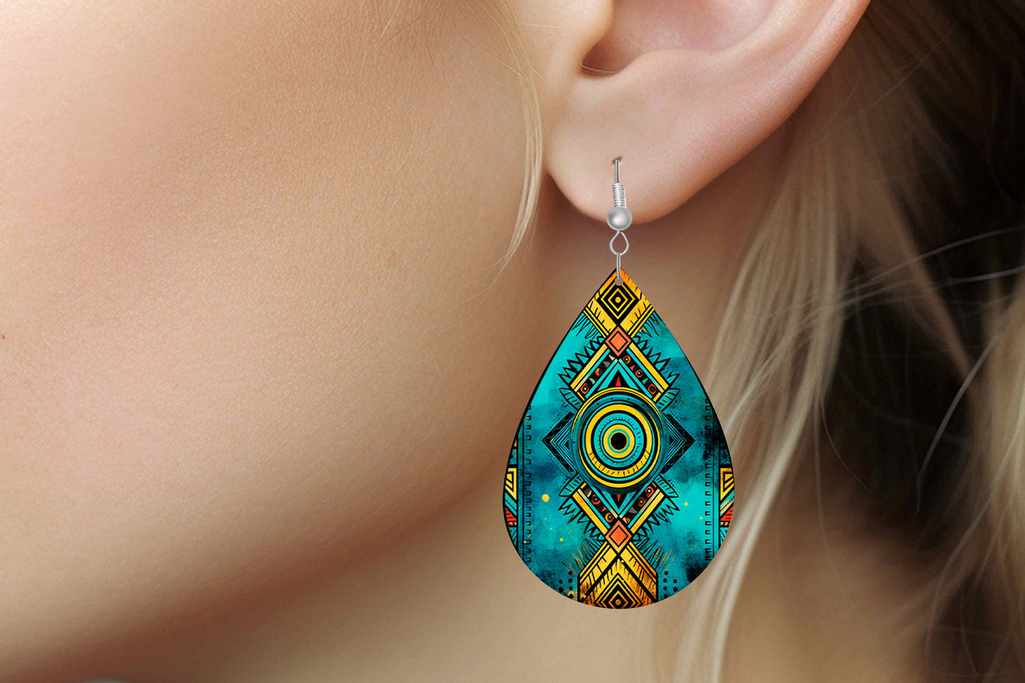 Turquoise and Yellow Tribal Earrings Print Tear Drop Wood Dangle Earrings Hypoallergenic Jewelry