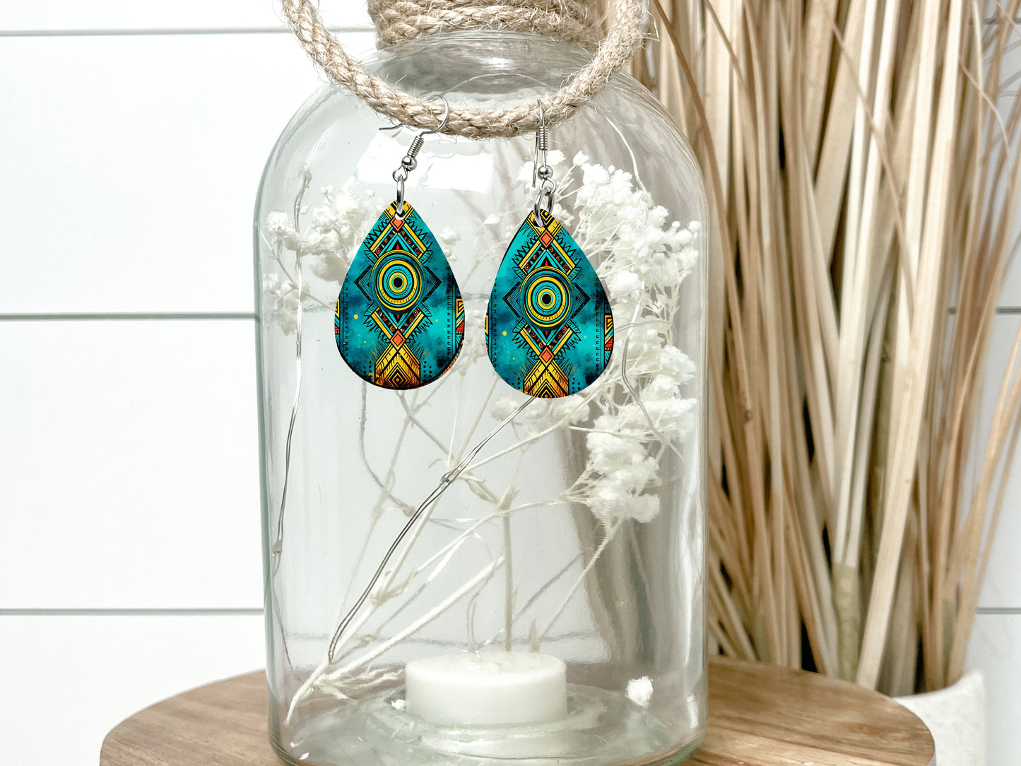 Turquoise and Yellow Tribal Earrings Print Tear Drop Wood Dangle Earrings Hypoallergenic Jewelry