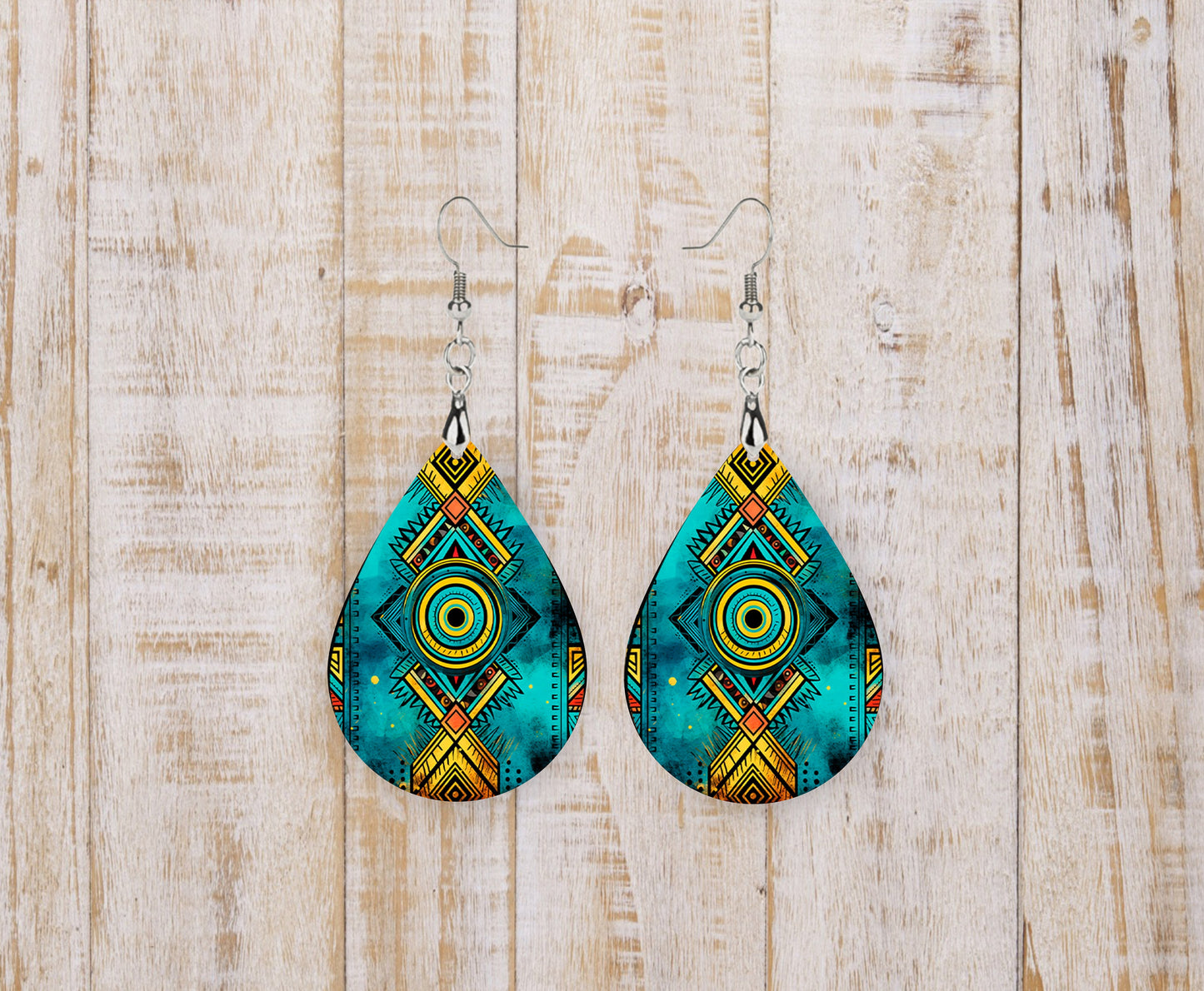 Turquoise and Yellow Tribal Earrings Print Tear Drop Wood Dangle Earrings Hypoallergenic Jewelry