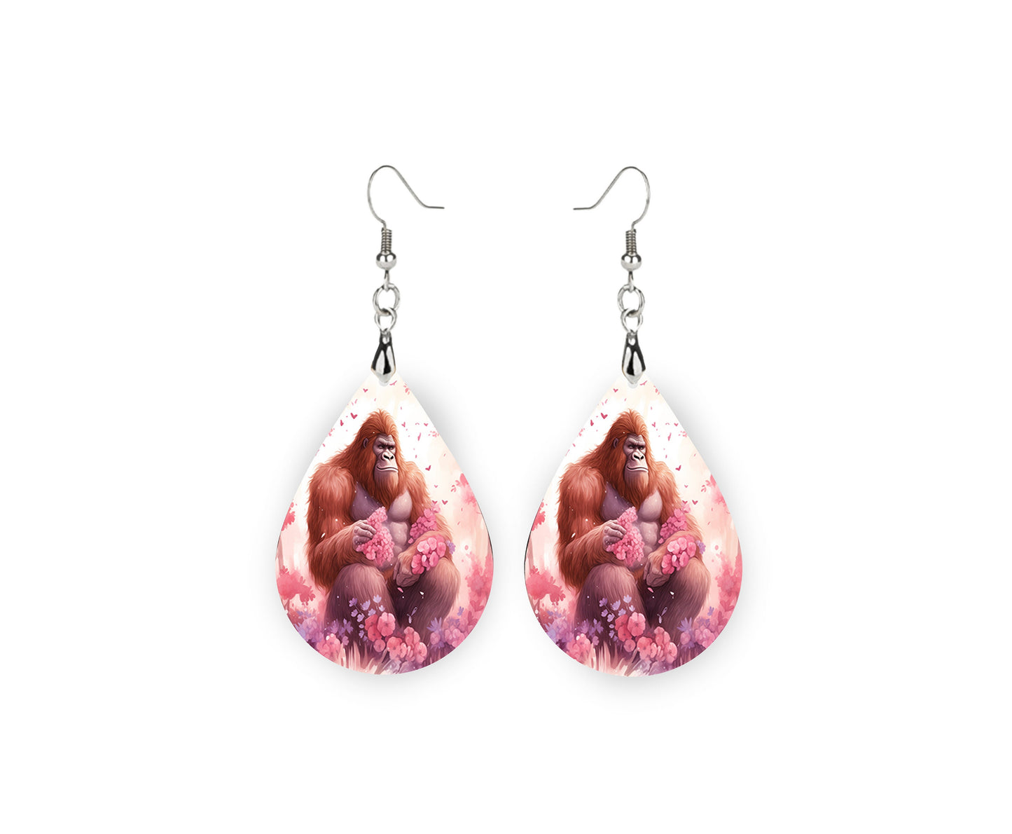 Valentine's Day Bigfoot Earrings Print Tear Drop Wood Dangle Earrings Hypoallergenic Jewelry