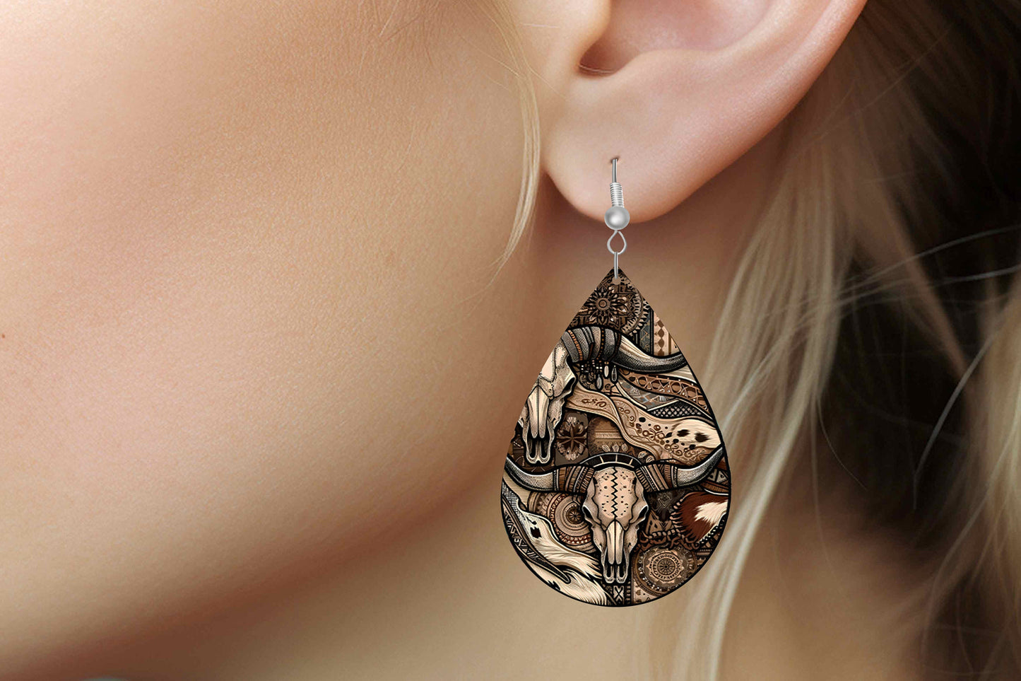 Western Collage Earrings Print Tear Drop Wood Dangle Earrings Hypoallergenic Jewelry