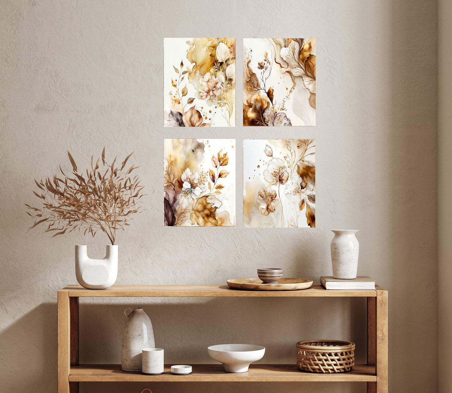 Set of 4  8x10 Abstract Neutral Florals Canvas Prints