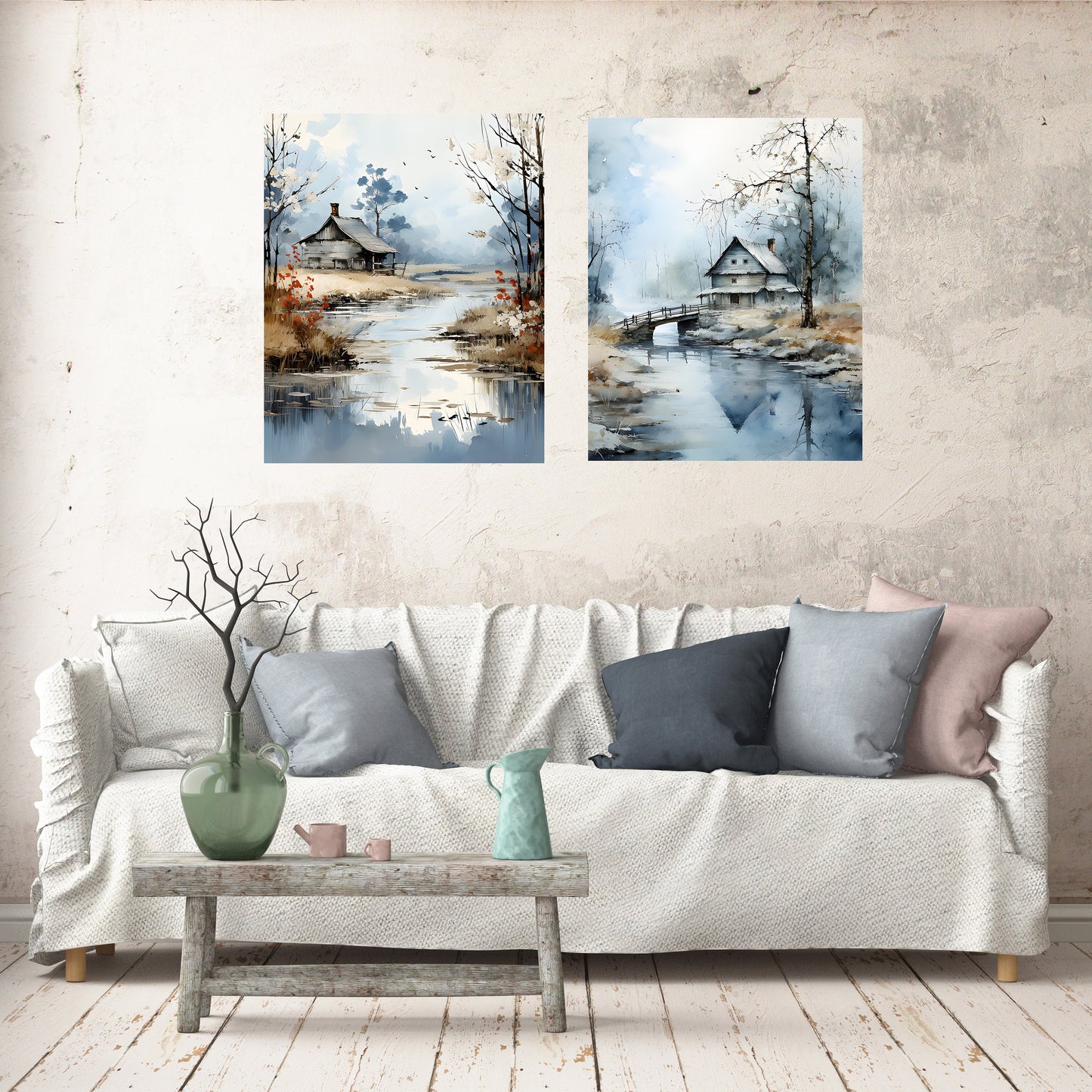 Set of 2 16x20 Barns in Blue Wall Art Canvas Prints