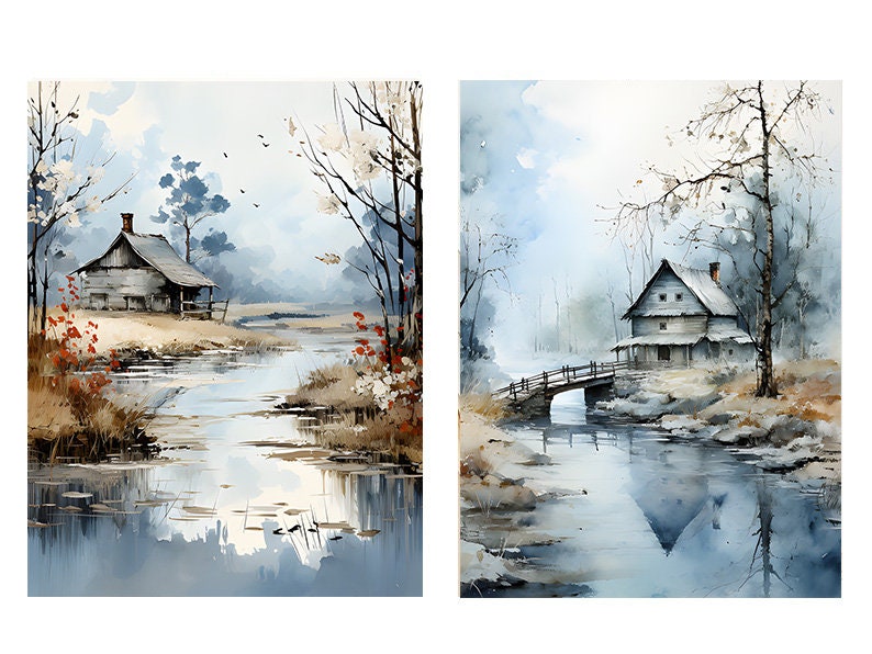 Set of 2 16x20 Barns in Blue Wall Art Canvas Prints