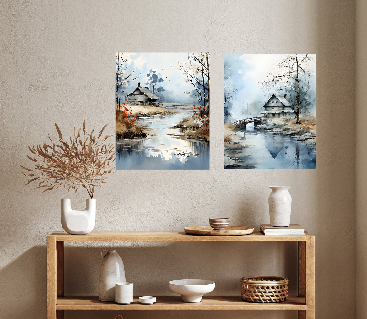 Set of 2 16x20 Barns in Blue Wall Art Canvas Prints